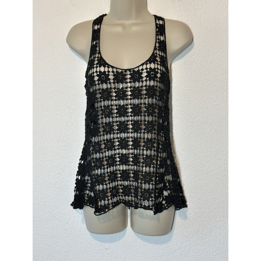 Black Open Knit Crochet Top Racerback Size Medium Dainty Fairy Whimsigoth‎